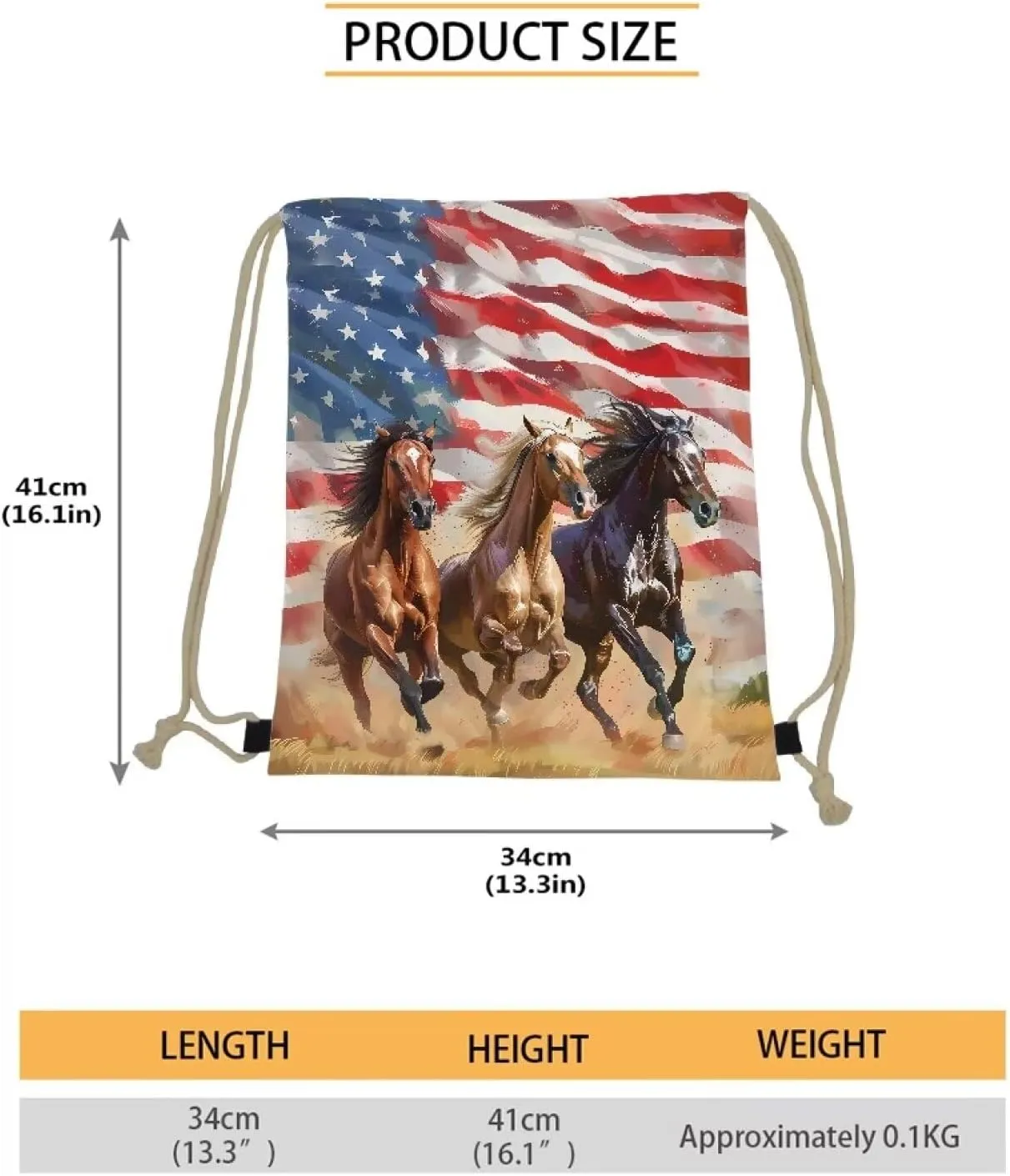 COEQINE 4th Of July Themes Drawstring Bag Horse Drawstring Bag Large Capacity Running Animal Bookbag for School