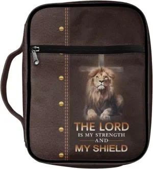 COEQINE Mens Bible Cover Brown Bible Carrying Case for Men Boys, Cool Lion And Cross Pattern Bible Holder Case, The Lord Is MY Strength And My Shield