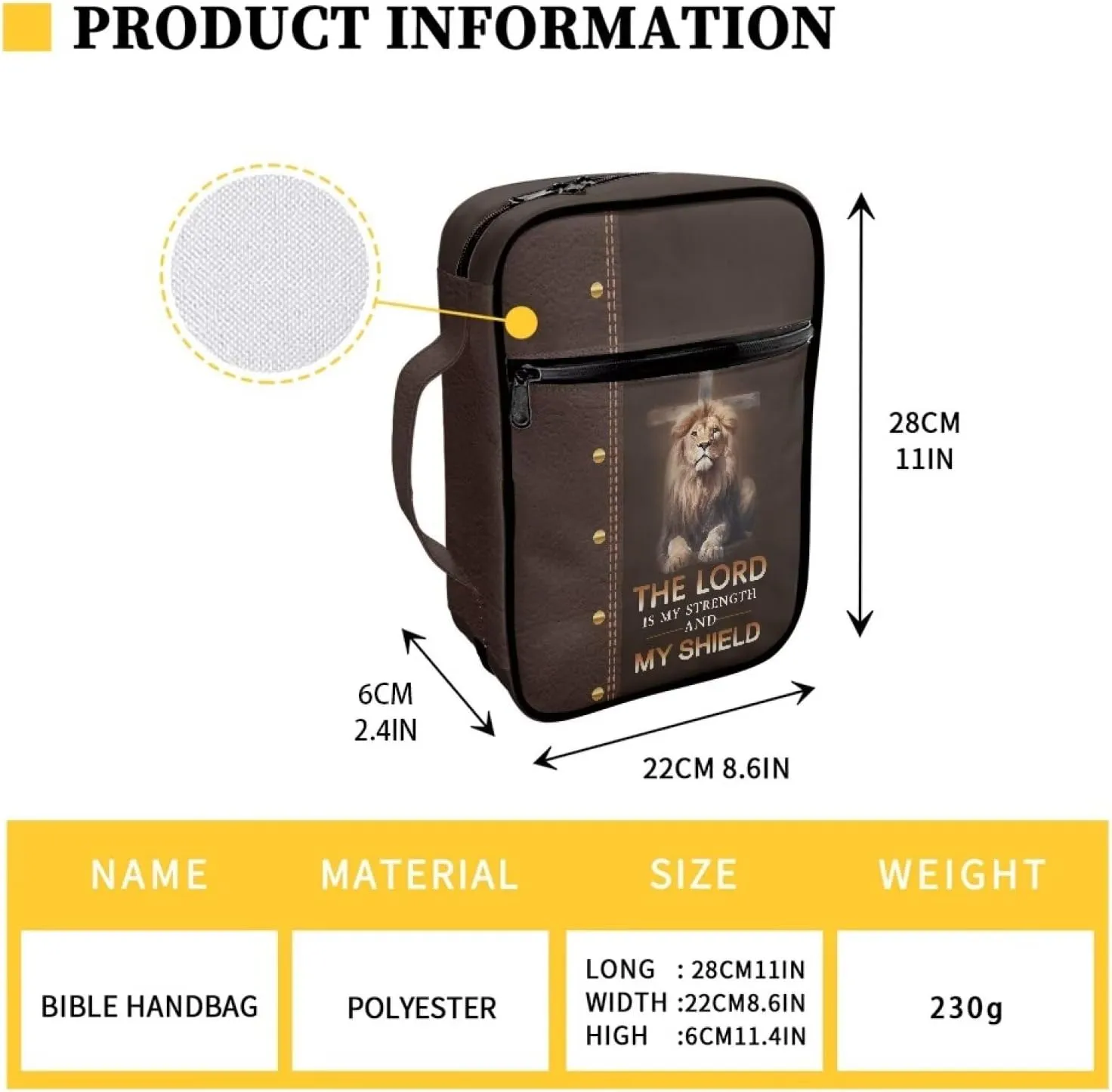 COEQINE Mens Bible Cover Brown Bible Carrying Case for Men Boys, Cool Lion And Cross Pattern Bible Holder Case, The Lord Is MY Strength And My Shield