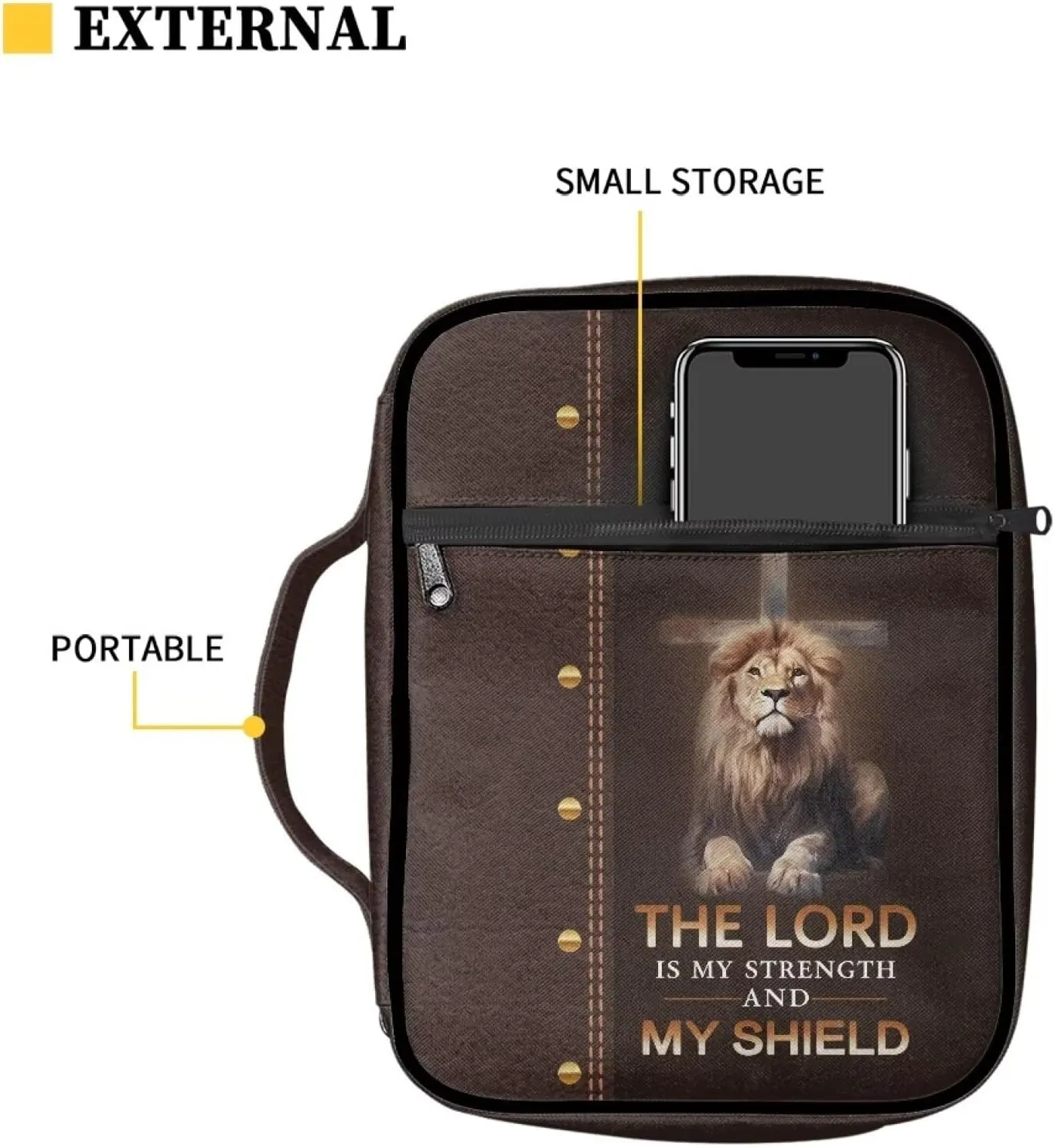 COEQINE Mens Bible Cover Brown Bible Carrying Case for Men Boys, Cool Lion And Cross Pattern Bible Holder Case, The Lord Is MY Strength And My Shield