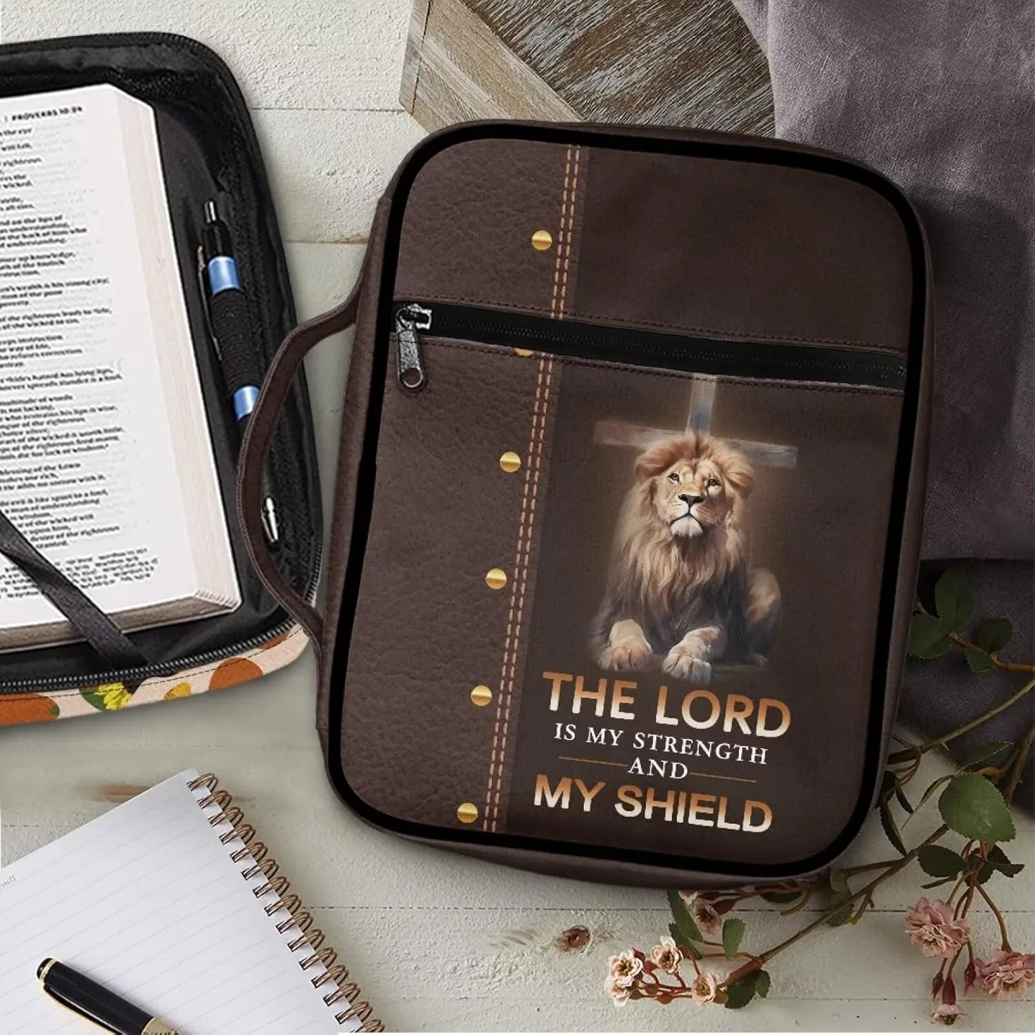 COEQINE Mens Bible Cover Brown Bible Carrying Case for Men Boys, Cool Lion And Cross Pattern Bible Holder Case, The Lord Is MY Strength And My Shield