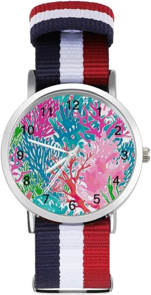 Colorful Coral Reef Print Unisex Watch Lightweight Breathable Woven Nylon Wrist Strap Watch with Metal Buckle