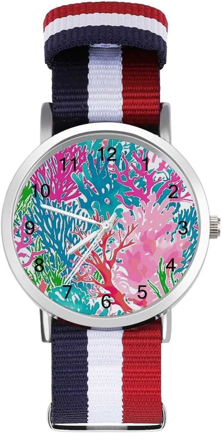 Colorful Coral Reef Print Unisex Watch Lightweight Breathable Woven Nylon Wrist Strap Watch with Metal Buckle