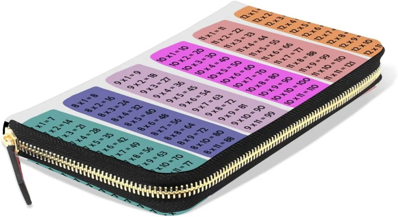 Colorful Multiplication Tables on White Leather Long Wallet Organizer with Zipper Purse Clutch Bag for Women Men Key Card Coin Passport Checkbook 8 x 4 inch