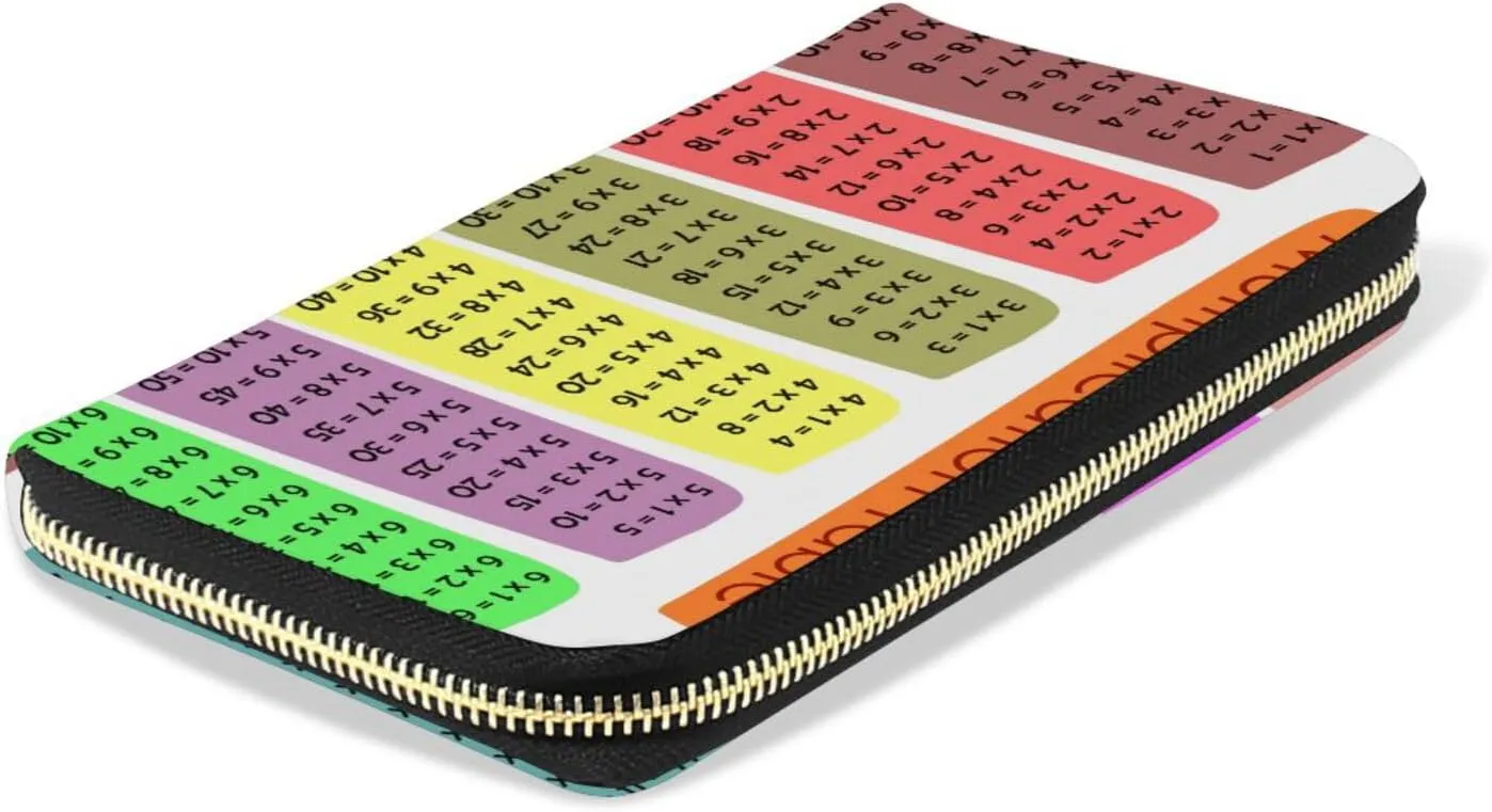 Colorful Multiplication Tables on White Leather Long Wallet Organizer with Zipper Purse Clutch Bag for Women Men Key Card Coin Passport Checkbook 8 x 4 inch