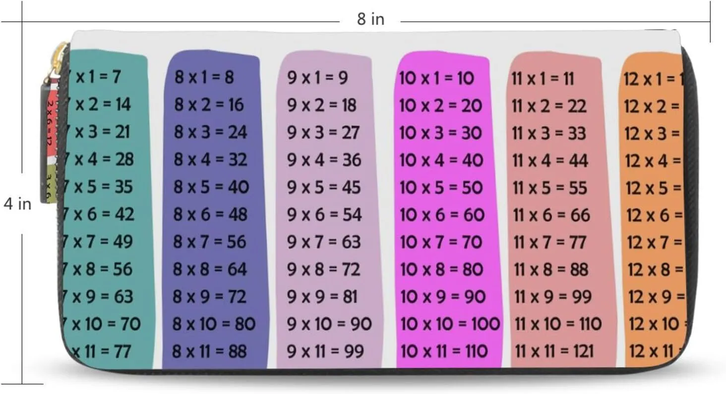 Colorful Multiplication Tables on White Leather Long Wallet Organizer with Zipper Purse Clutch Bag for Women Men Key Card Coin Passport Checkbook 8 x 4 inch