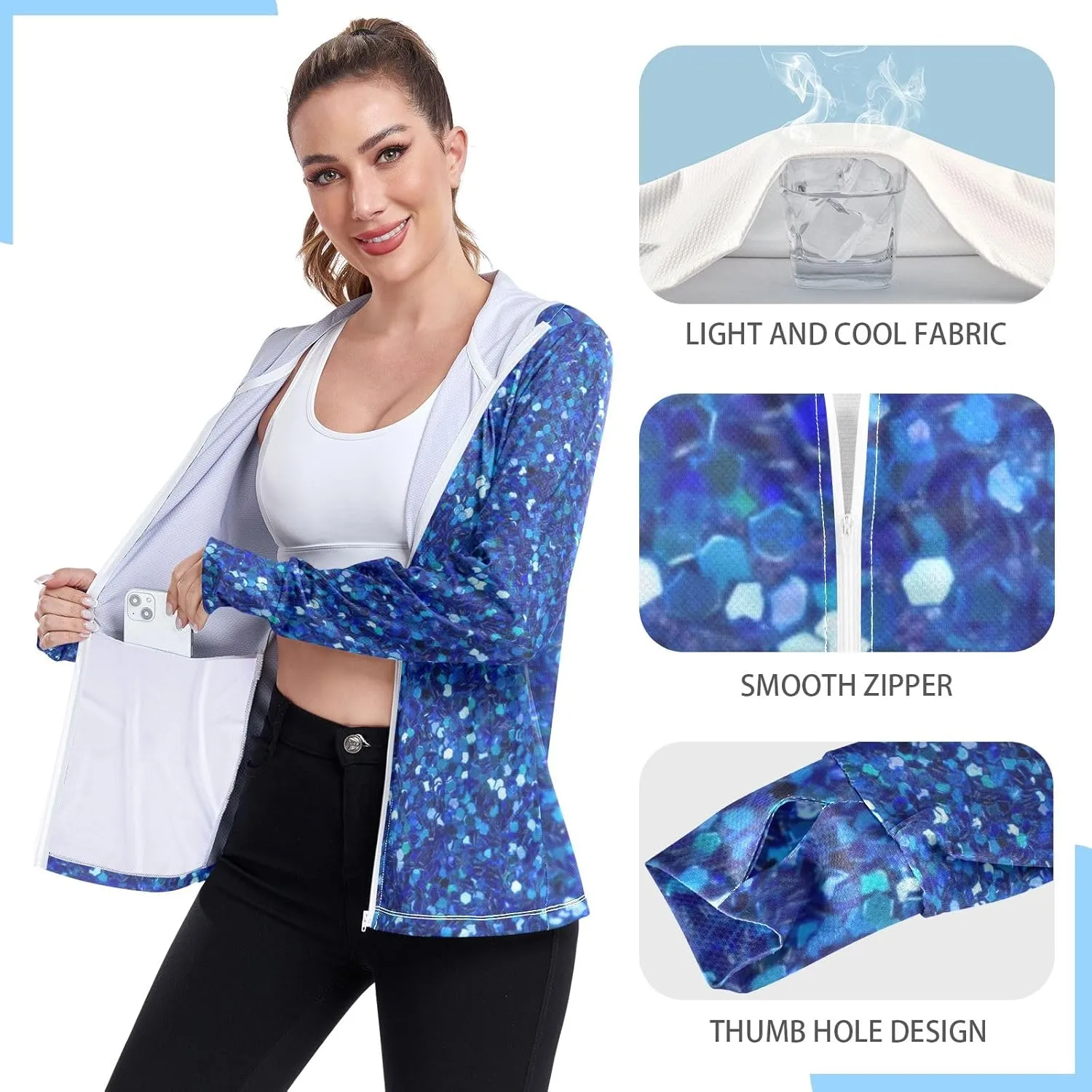 Colorful Rainbow Gradient Hooded Sun Shirt Upf 50 , Long Sleeve Rash Guard, Zip up Jacket, Hiking Clothes Women