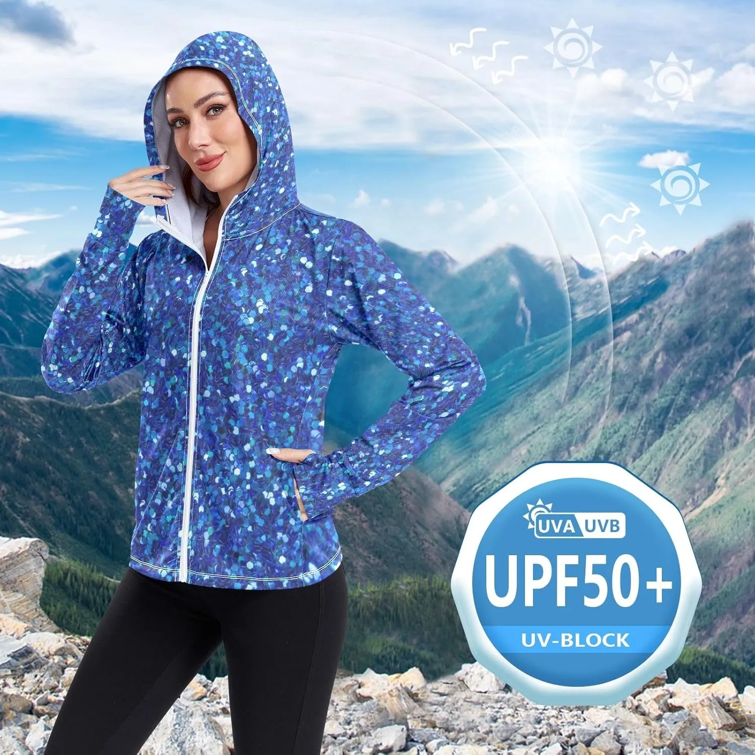 Colorful Rainbow Gradient Hooded Sun Shirt Upf 50 , Long Sleeve Rash Guard, Zip up Jacket, Hiking Clothes Women