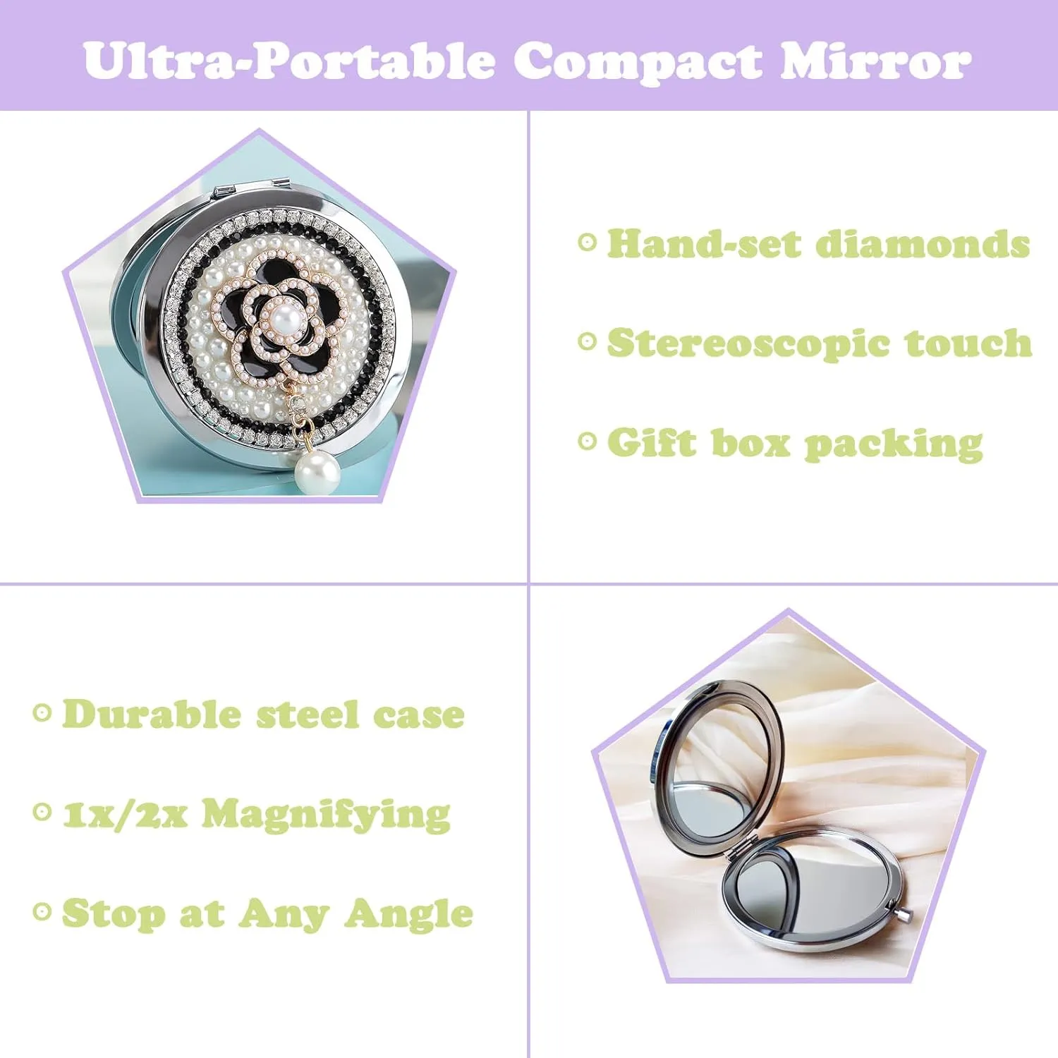 Compact Mirror 3inch Small Mirror for Purse 1x/2x Magnification Handheld Mirror Lady's Travel Makeup Mirror Gift for Women (Camellia)