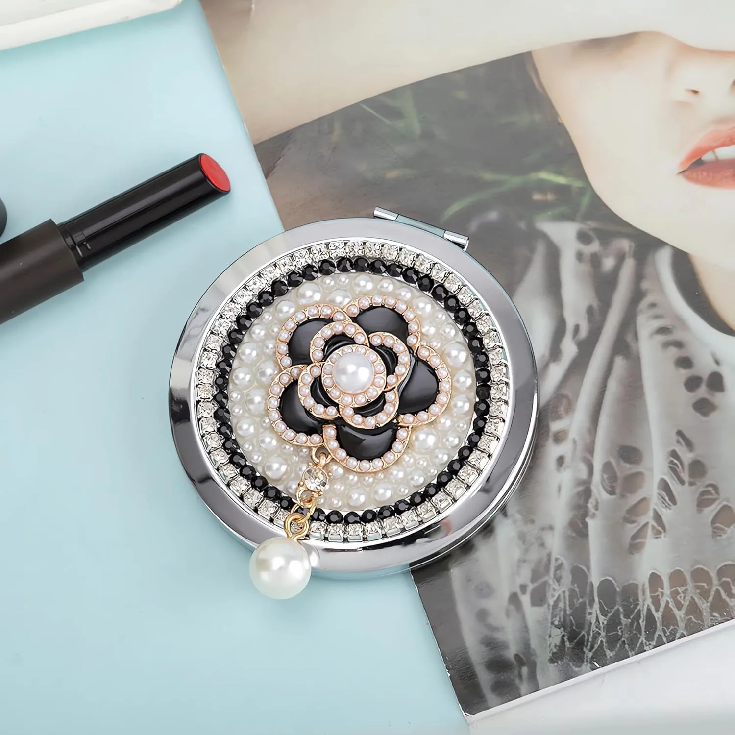 Compact Mirror 3inch Small Mirror for Purse 1x/2x Magnification Handheld Mirror Lady's Travel Makeup Mirror Gift for Women (Camellia)