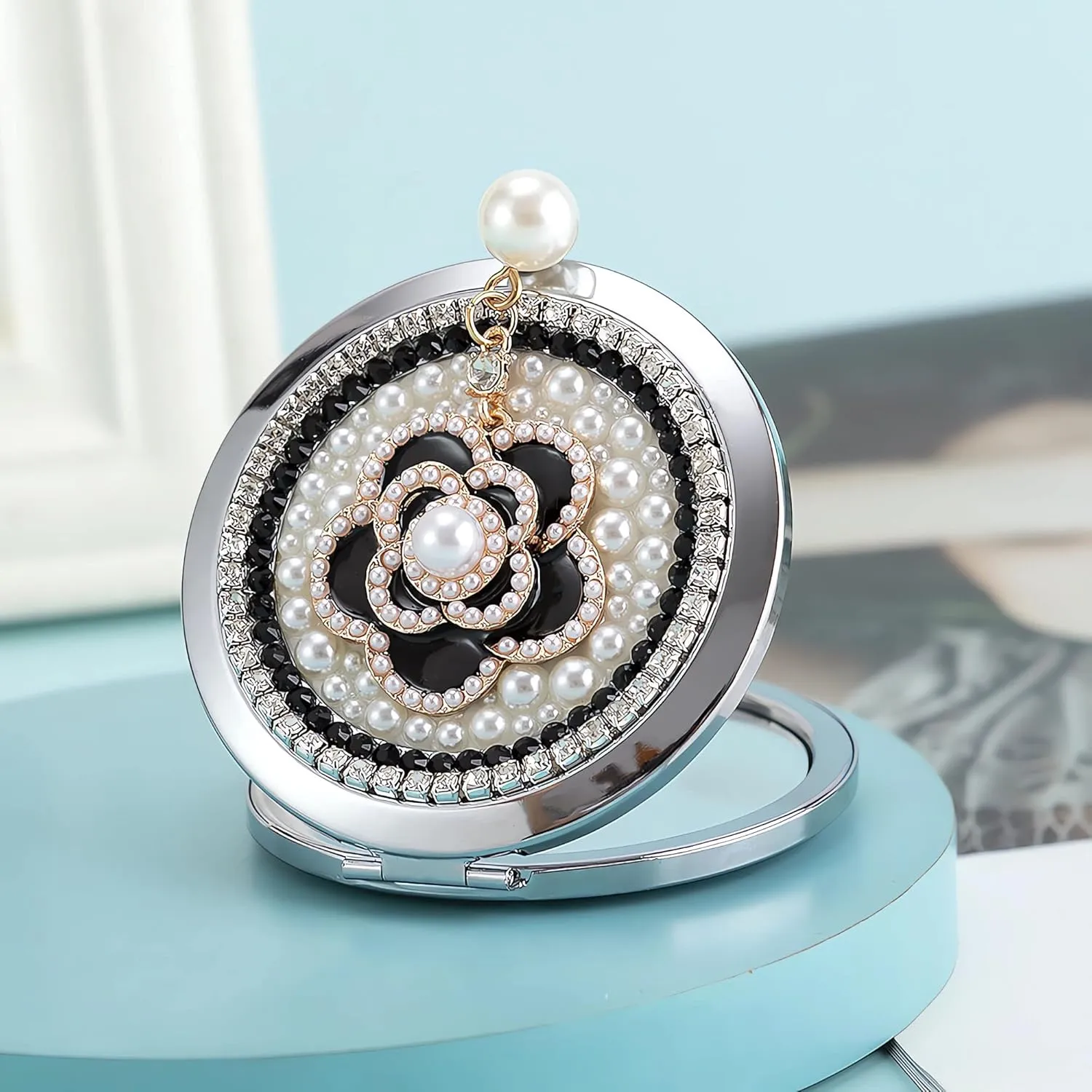 Compact Mirror 3inch Small Mirror for Purse 1x/2x Magnification Handheld Mirror Lady's Travel Makeup Mirror Gift for Women (Camellia)
