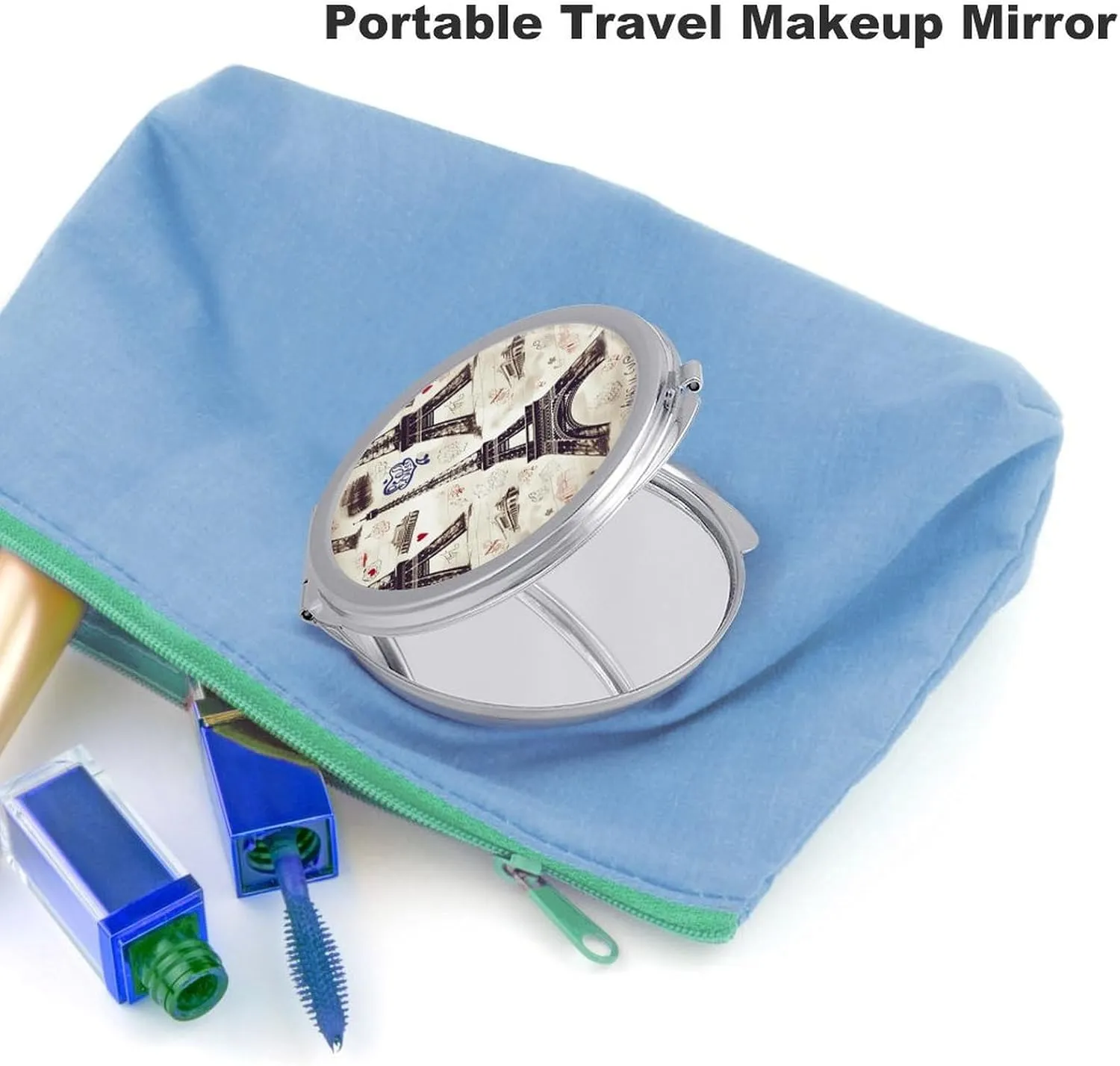 Compact Travel Makeup Mirror Small Handheld French Paris Tour Eiffel Tower Pocket Mirror 1X/2X 2-Sided Magnification Mirror Folding Vanity Mirror for Purse Handbag Gift