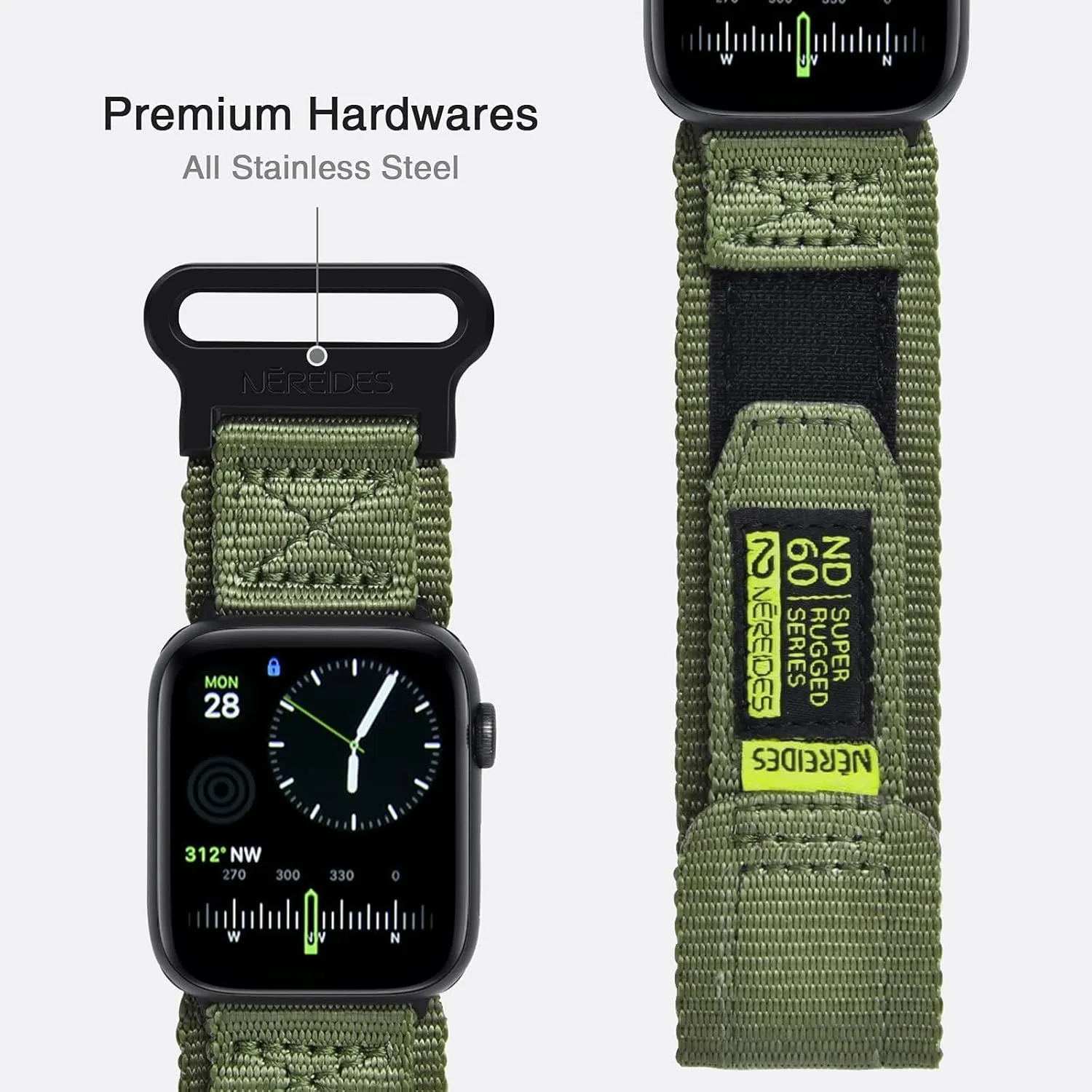 Compatible with Apple Watch Series 10 Band Series 9/8/7/6/5/4/SE/SE2/Ultra 1/2, Nylon Sports Strap with Woven Design for 49mm/46mm/45mm/44mm (L, Army Green)