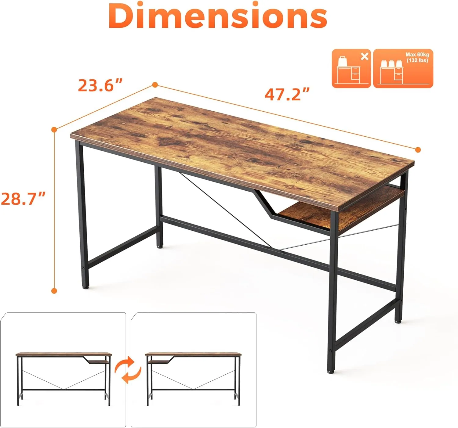 Computer Desk 48inch, Gaming Desk for Small Spaces, Modern Simple Style Table for Home Office, Study Student Writing Table (Rustic Brown, 48 inch)