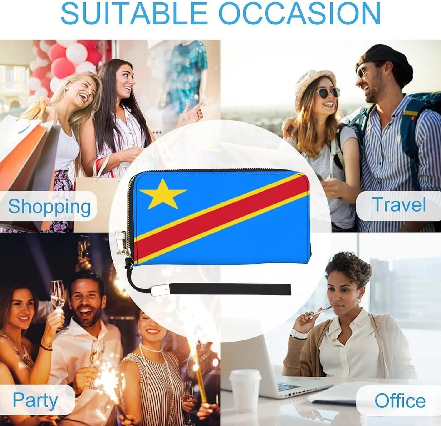 Congo Flag Wallet Long Zipper Purse with Removable Wristlet Women Men Stylish Travel Clutch