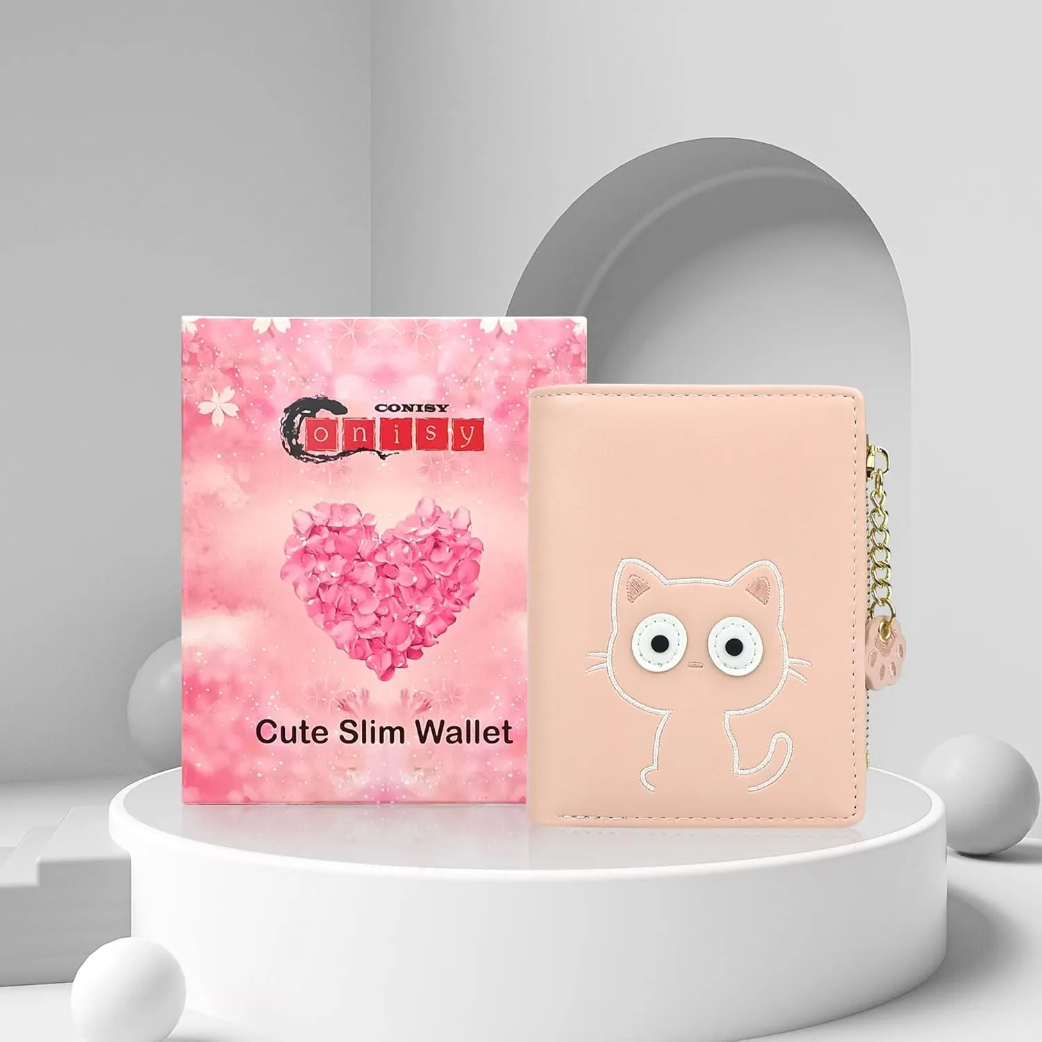 CONISY Cute Wallets for Women, Leather RFID Blocking Small Bifold Wallet with Zipper Coin Purse for Girls and Ladies Womens Wallet (Cat Pink)