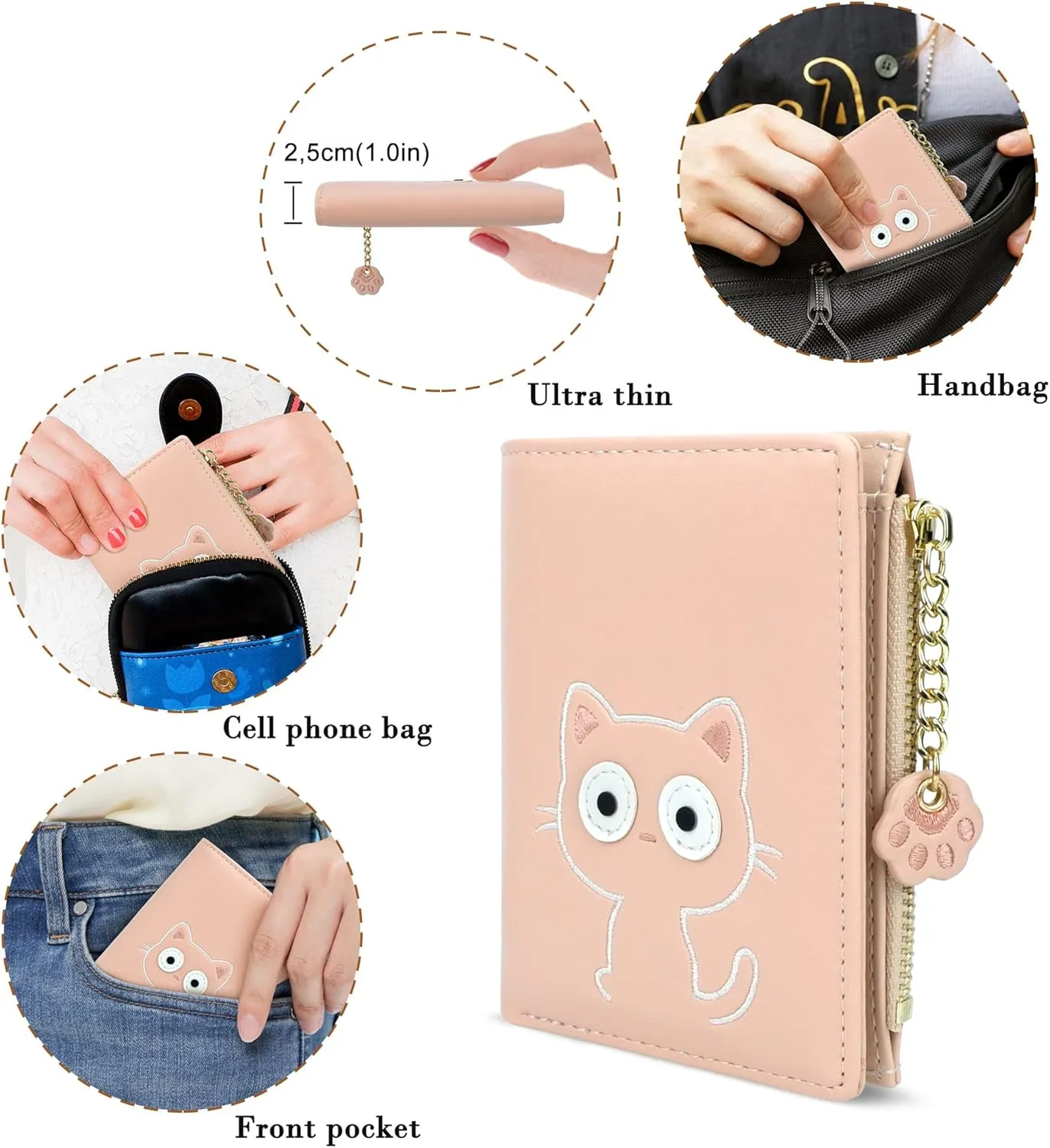 CONISY Cute Wallets for Women, Leather RFID Blocking Small Bifold Wallet with Zipper Coin Purse for Girls and Ladies Womens Wallet (Cat Pink)