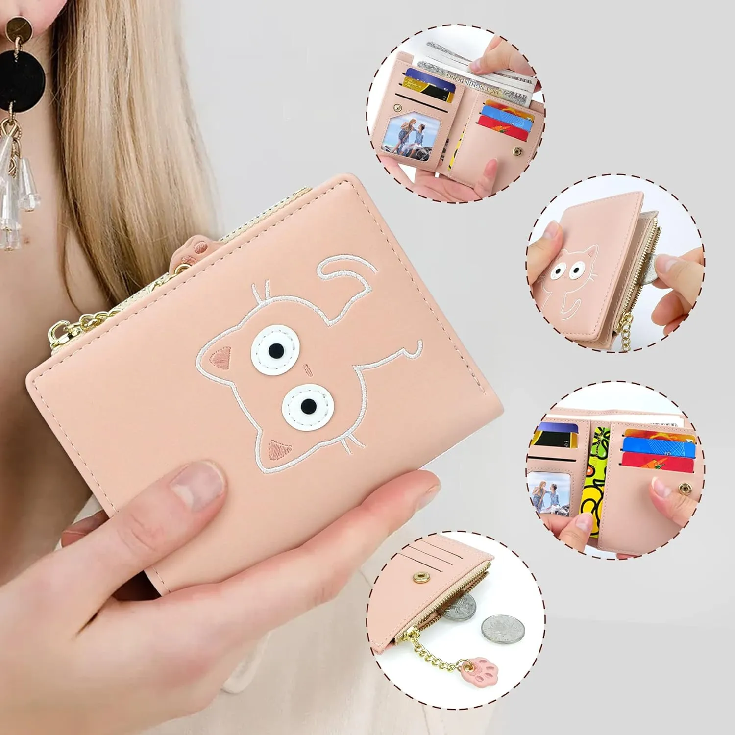 CONISY Cute Wallets for Women, Leather RFID Blocking Small Bifold Wallet with Zipper Coin Purse for Girls and Ladies Womens Wallet (Cat Pink)