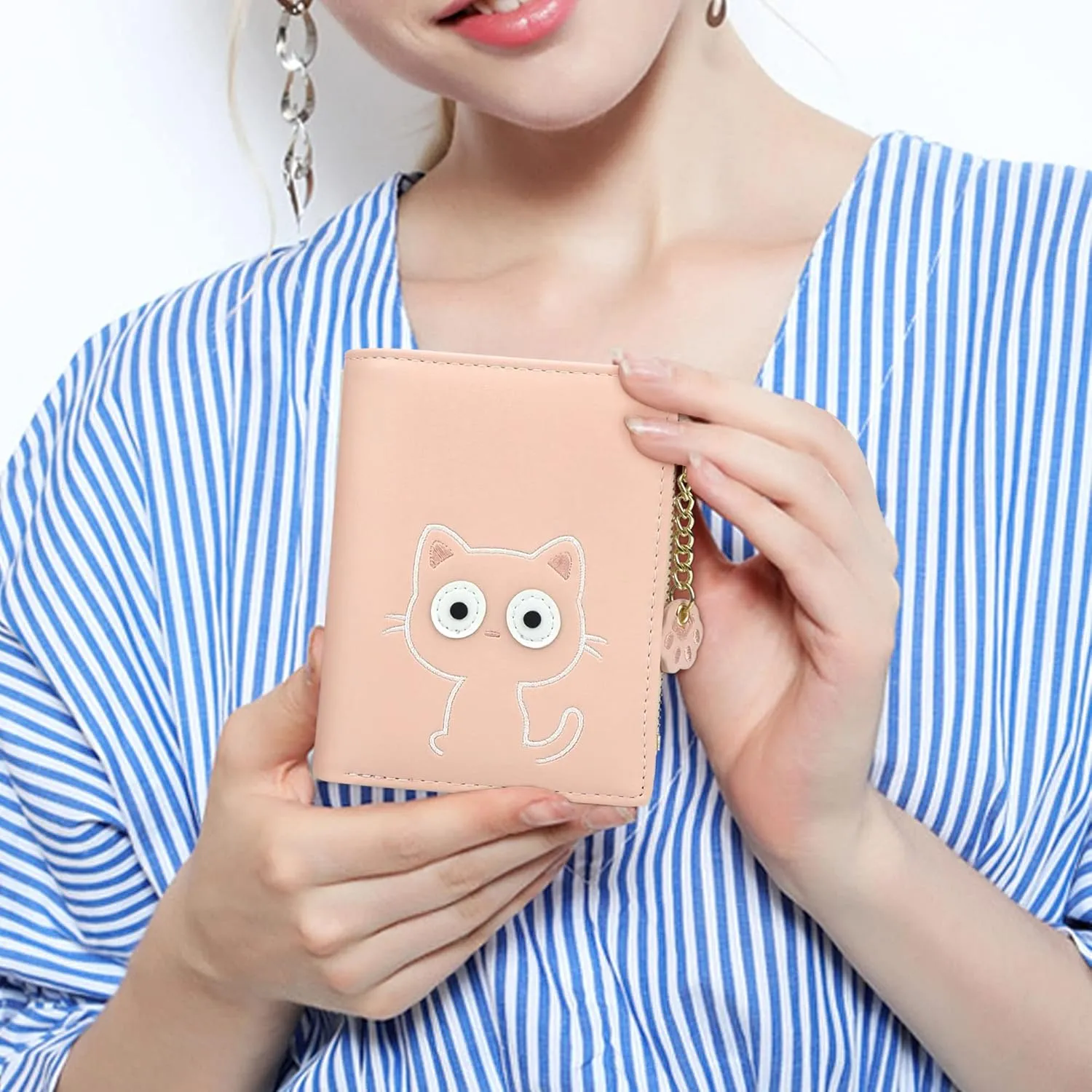 CONISY Cute Wallets for Women, Leather RFID Blocking Small Bifold Wallet with Zipper Coin Purse for Girls and Ladies Womens Wallet (Cat Pink)