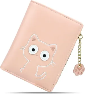 CONISY Cute Wallets for Women, Leather RFID Blocking Small Bifold Wallet with Zipper Coin Purse for Girls and Ladies Womens Wallet (Cat Pink)