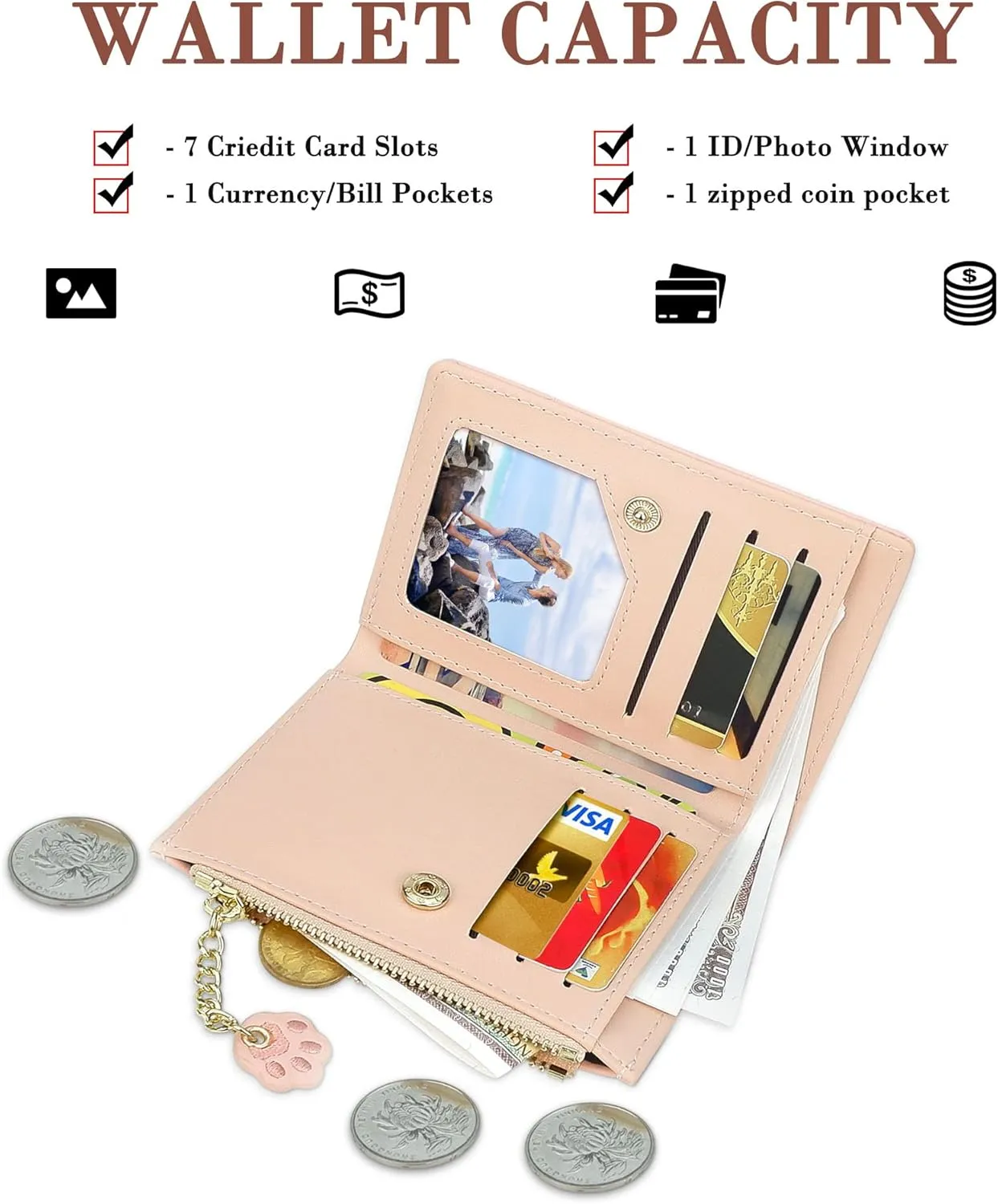 CONISY Cute Wallets for Women, Leather RFID Blocking Small Bifold Wallet with Zipper Coin Purse for Girls and Ladies Womens Wallet (Cat Pink)