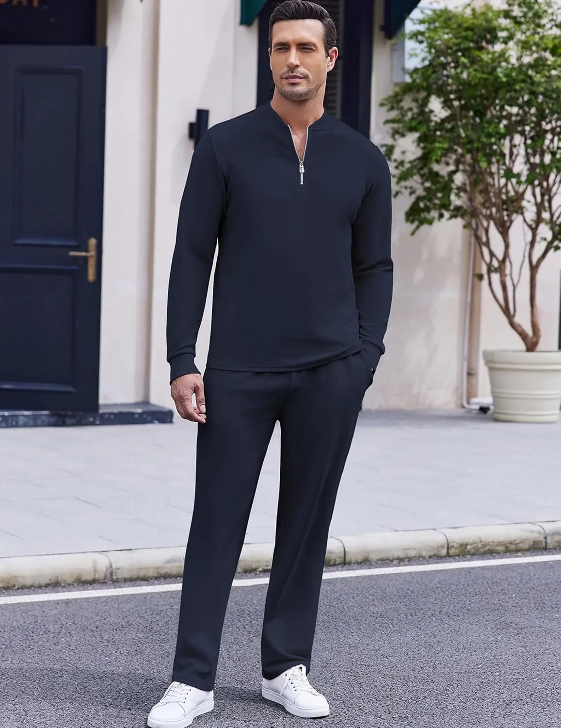 COOFANDY Men's 2 Piece Tracksuit Set Polo Athletic Sweatsuit Quarter Zip Jogging Long Sleeve Casual Sports Outfits