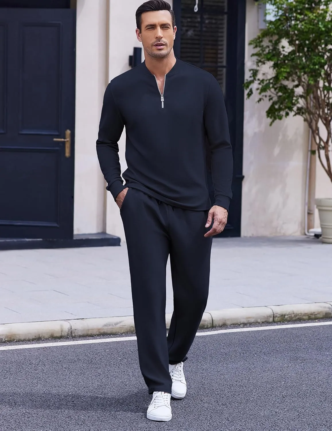 COOFANDY Men's 2 Piece Tracksuit Set Polo Athletic Sweatsuit Quarter Zip Jogging Long Sleeve Casual Sports Outfits
