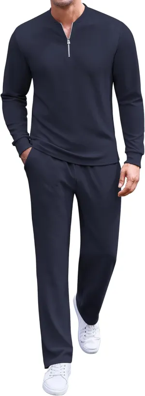 COOFANDY Men's 2 Piece Tracksuit Set Polo Athletic Sweatsuit Quarter Zip Jogging Long Sleeve Casual Sports Outfits