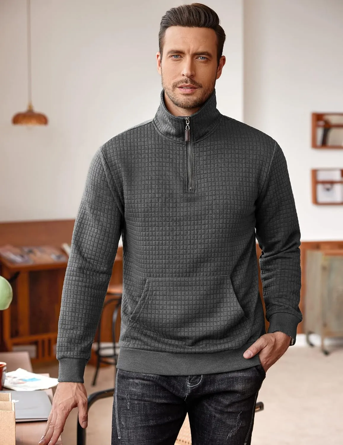 COOFANDY Mens Quarter Zip Sweatshirt Long Sleeve Casual Waffle Pullover Hoodies with Pocket