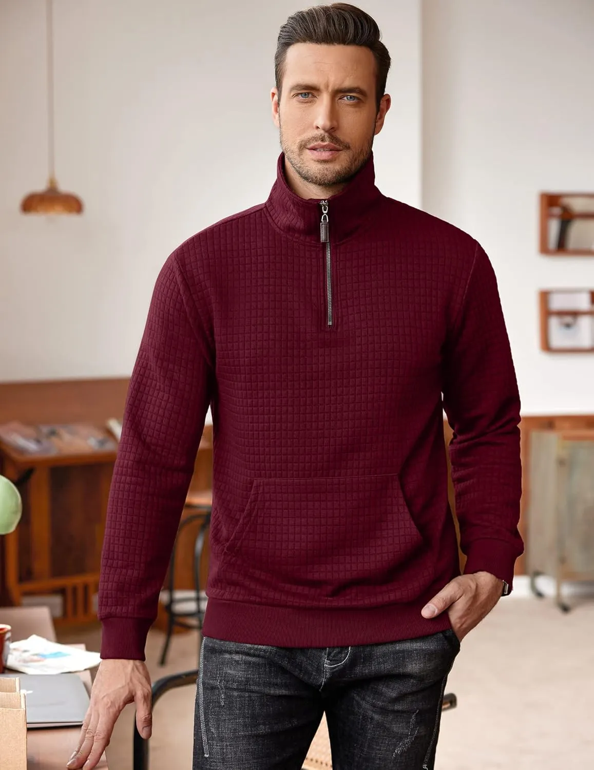COOFANDY Mens Quarter Zip Sweatshirt Long Sleeve Casual Waffle Pullover Hoodies with Pocket