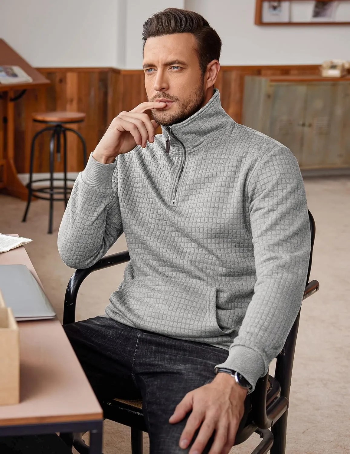 COOFANDY Mens Quarter Zip Sweatshirt Long Sleeve Casual Waffle Pullover Hoodies with Pocket