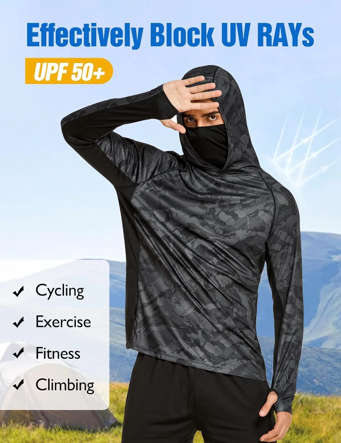 COOrun Men's Hooded Sun Shirts with Mask Fishing Shirts for Men Long Sleeve UPF 50 Rash Guards Cooling Hoodies Hiking Shirts