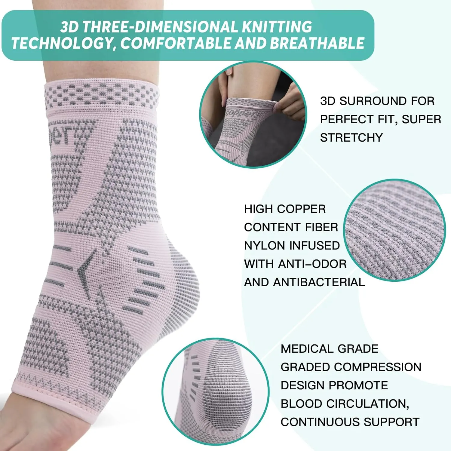 Copper Ankle Brace for Women & Men, Ankle Compression Sleeve Support, Copper Infused Ankle Sleeve for Sprained Ankle, Plantar Fasciitis Sports, Achilles Tendonitis Pain Relief, Pink Silver, XL