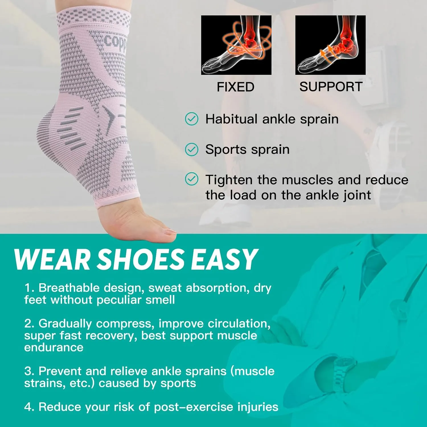 Copper Ankle Brace for Women & Men, Ankle Compression Sleeve Support, Copper Infused Ankle Sleeve for Sprained Ankle, Plantar Fasciitis Sports, Achilles Tendonitis Pain Relief, Pink Silver, XL
