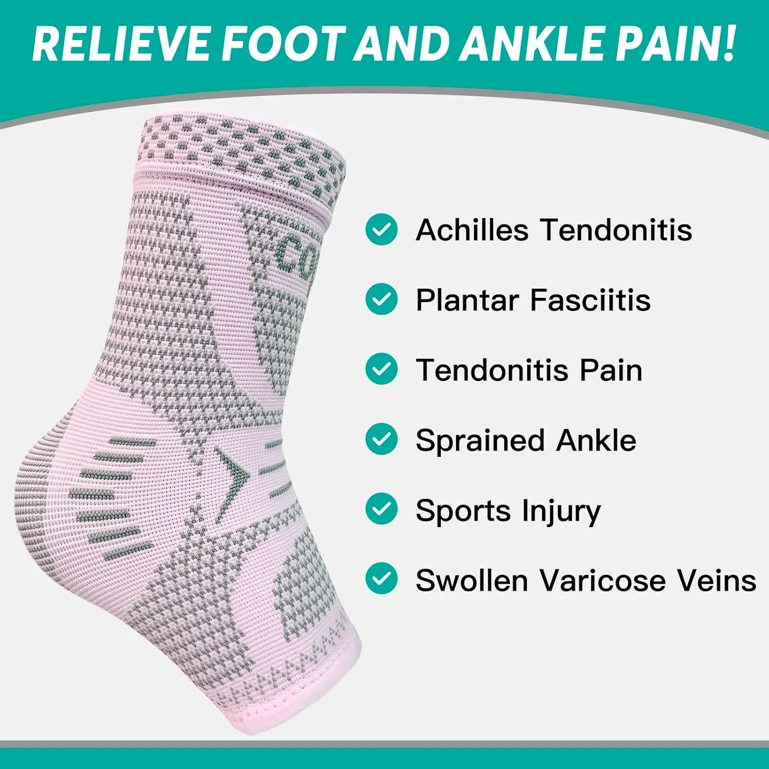 Copper Ankle Brace for Women & Men, Ankle Compression Sleeve Support, Copper Infused Ankle Sleeve for Sprained Ankle, Plantar Fasciitis Sports, Achilles Tendonitis Pain Relief, Pink Silver, XL