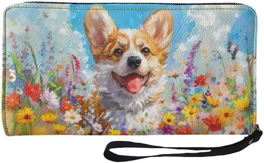 Corgi Wallets for Women PU Leather Cell Phone Case Bag Long Credit Card Holder Coin Purse Large Capacity Zip Clutch Handbag Wallet for Girls