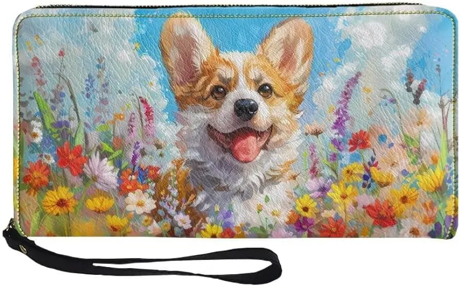 Corgi Wallets for Women PU Leather Cell Phone Case Bag Long Credit Card Holder Coin Purse Large Capacity Zip Clutch Handbag Wallet for Girls