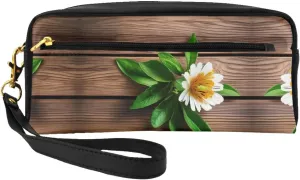 Cosmetic Makeup Bag â€“ Teal Flower on Plank Print Leather Small Makeup Bag for Travel, Toiletry Organizer with Zipper Pouch