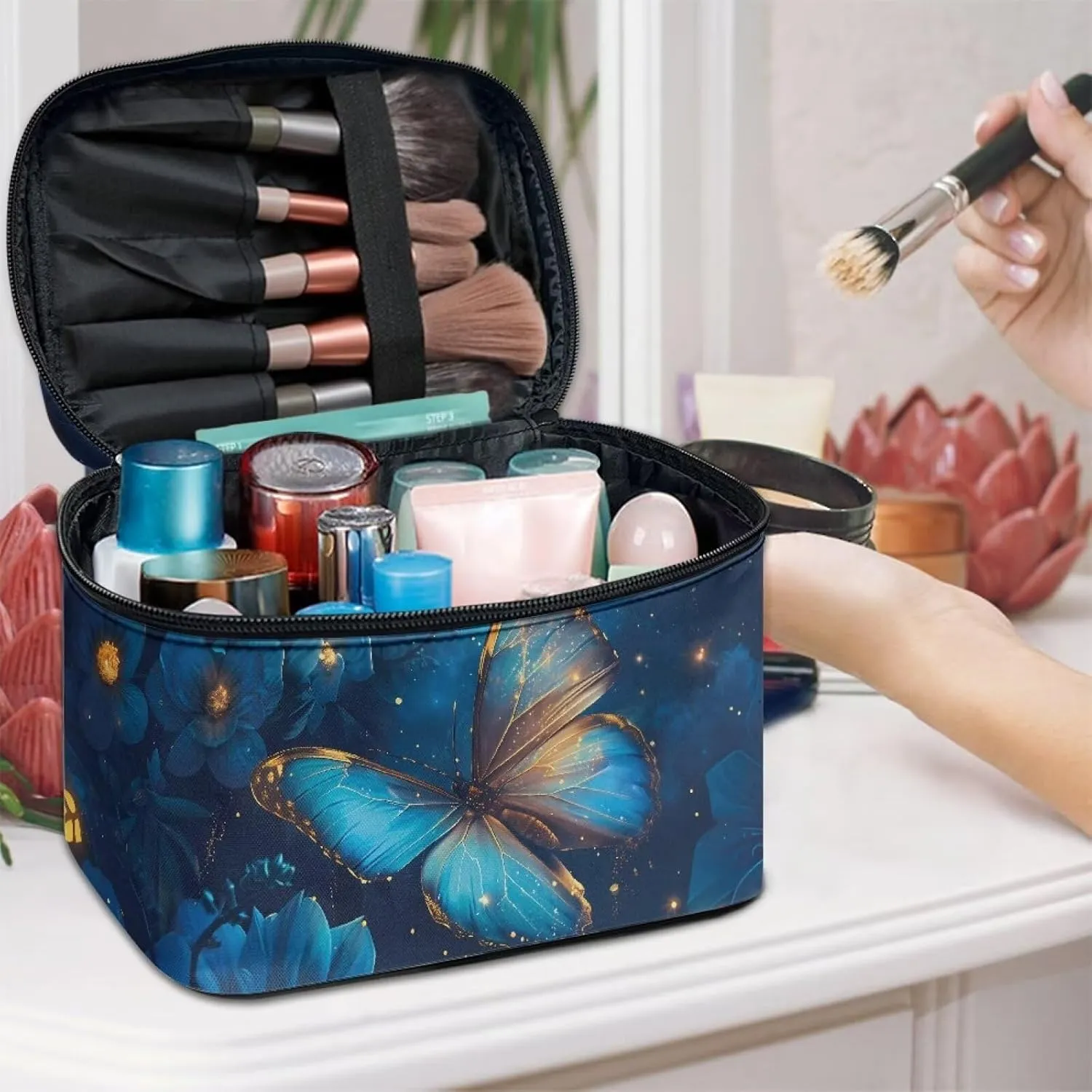 Cosmetic Travel Bags for Women Teen Girls Blue Butterfly Makeup Pouch for Purse Zipper Cosmetic Bag Large Capacity Makeup Bag Gift Travel Toiletry Make Up Organizer