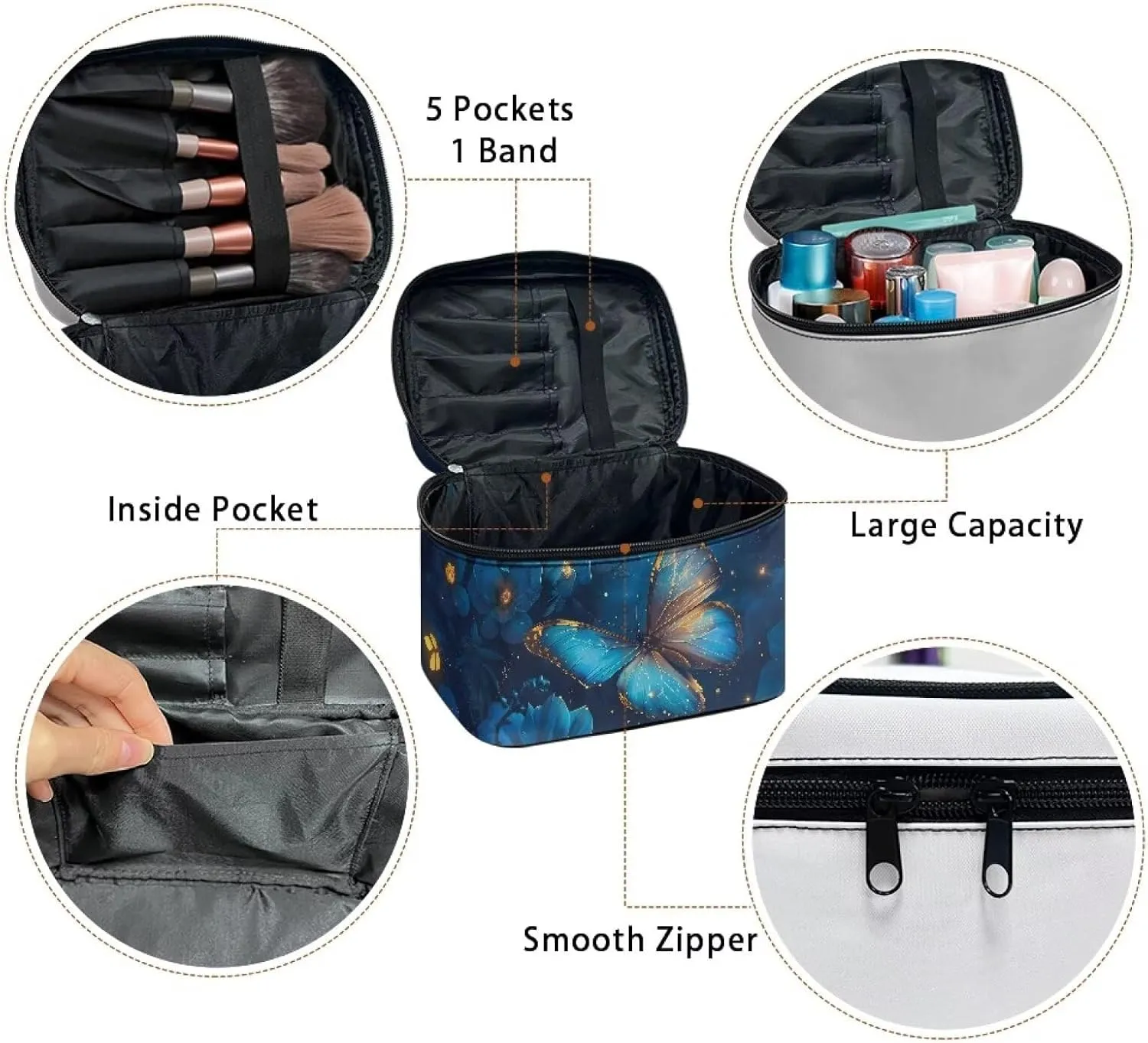 Cosmetic Travel Bags for Women Teen Girls Blue Butterfly Makeup Pouch for Purse Zipper Cosmetic Bag Large Capacity Makeup Bag Gift Travel Toiletry Make Up Organizer