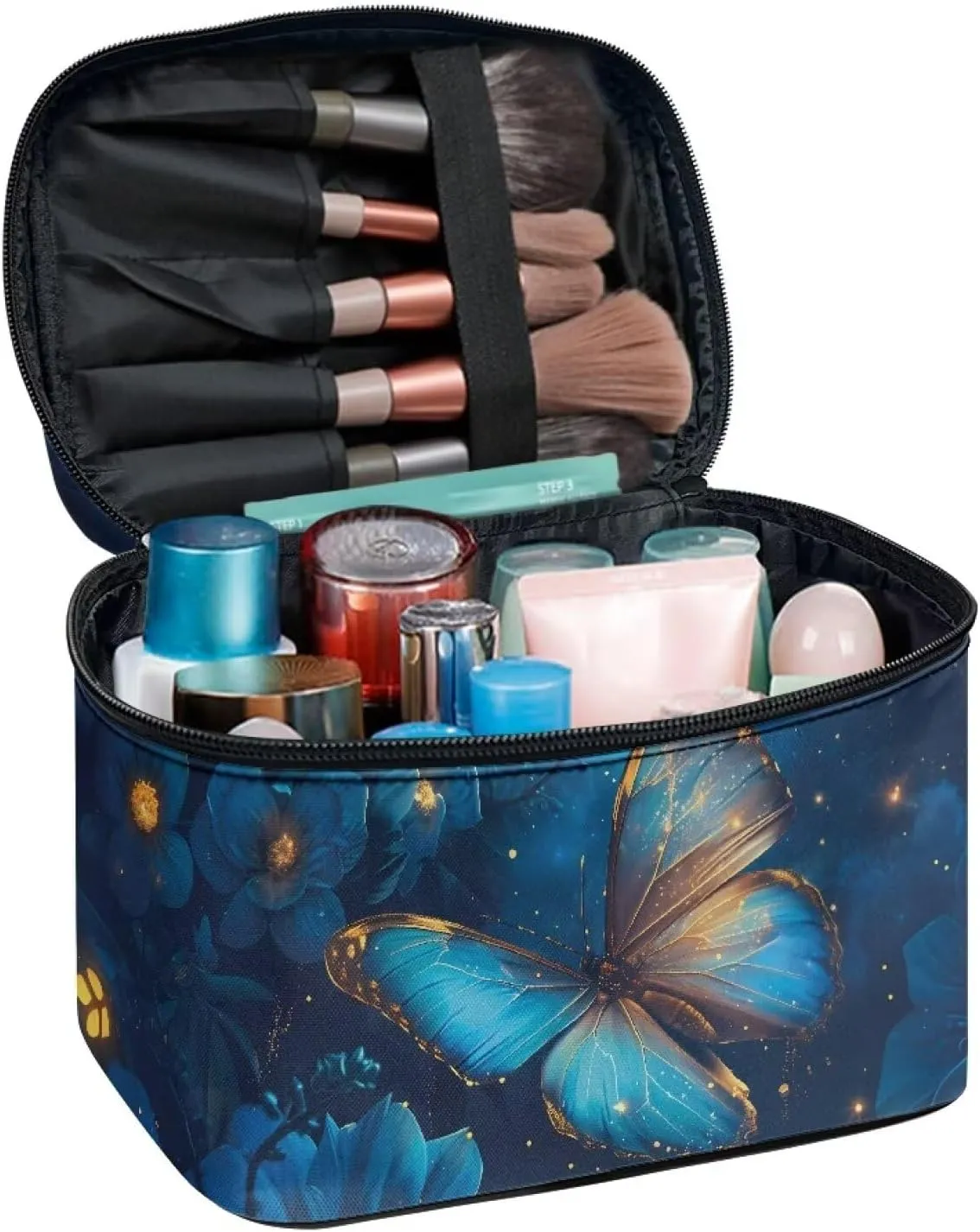 Cosmetic Travel Bags for Women Teen Girls Blue Butterfly Makeup Pouch for Purse Zipper Cosmetic Bag Large Capacity Makeup Bag Gift Travel Toiletry Make Up Organizer
