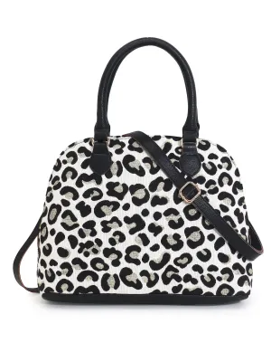 Cotton Jacquard & Leatherette Animal Print Handheld Bag