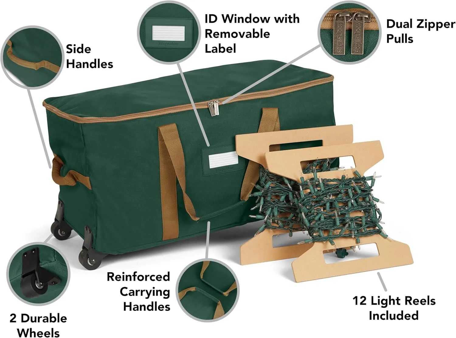 Covermates Keepsakes Rolling Christmas Light Storage Bag - Carrying Handles, ID Window, Dual Wheels - Holiday Storage, Green
