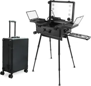 COYEUX Professional Rolling Makeup Case, Professional 3 in 1 Lockable Aluminum Makeup Case, with LED Light and Support Leg, for Beauty Salon and Travel
