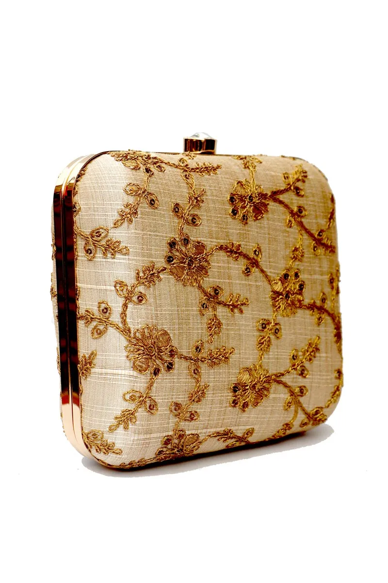 Cream Embellished Box Clutch