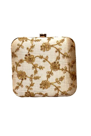 Cream Embellished Box Clutch