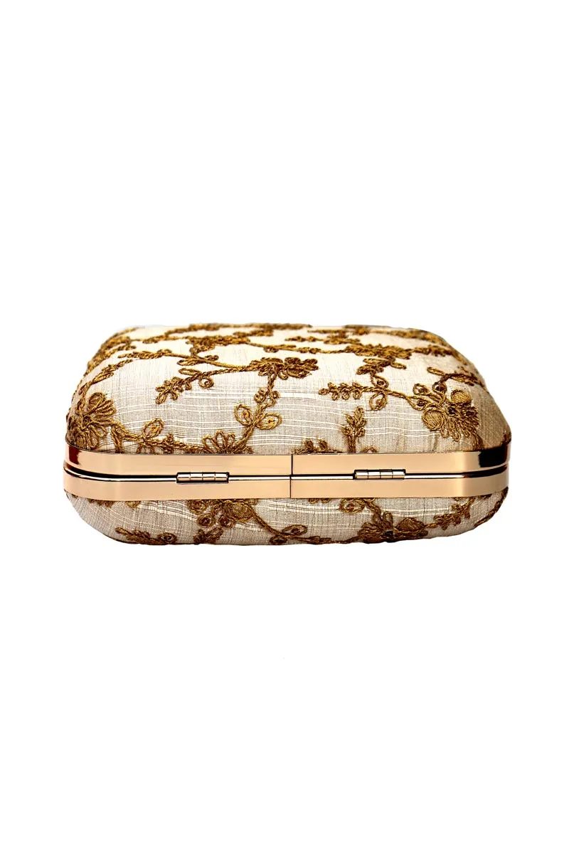 Cream Embellished Box Clutch