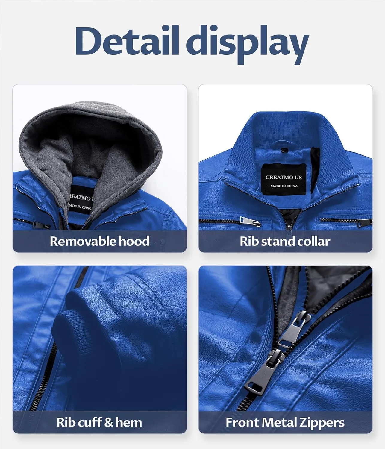 CREATMO US Men's Faux Leather Jacket Motorcycle Jacket Waterproof Windproof PU Moto Vintage Bomber Hoodie with Removable Hood