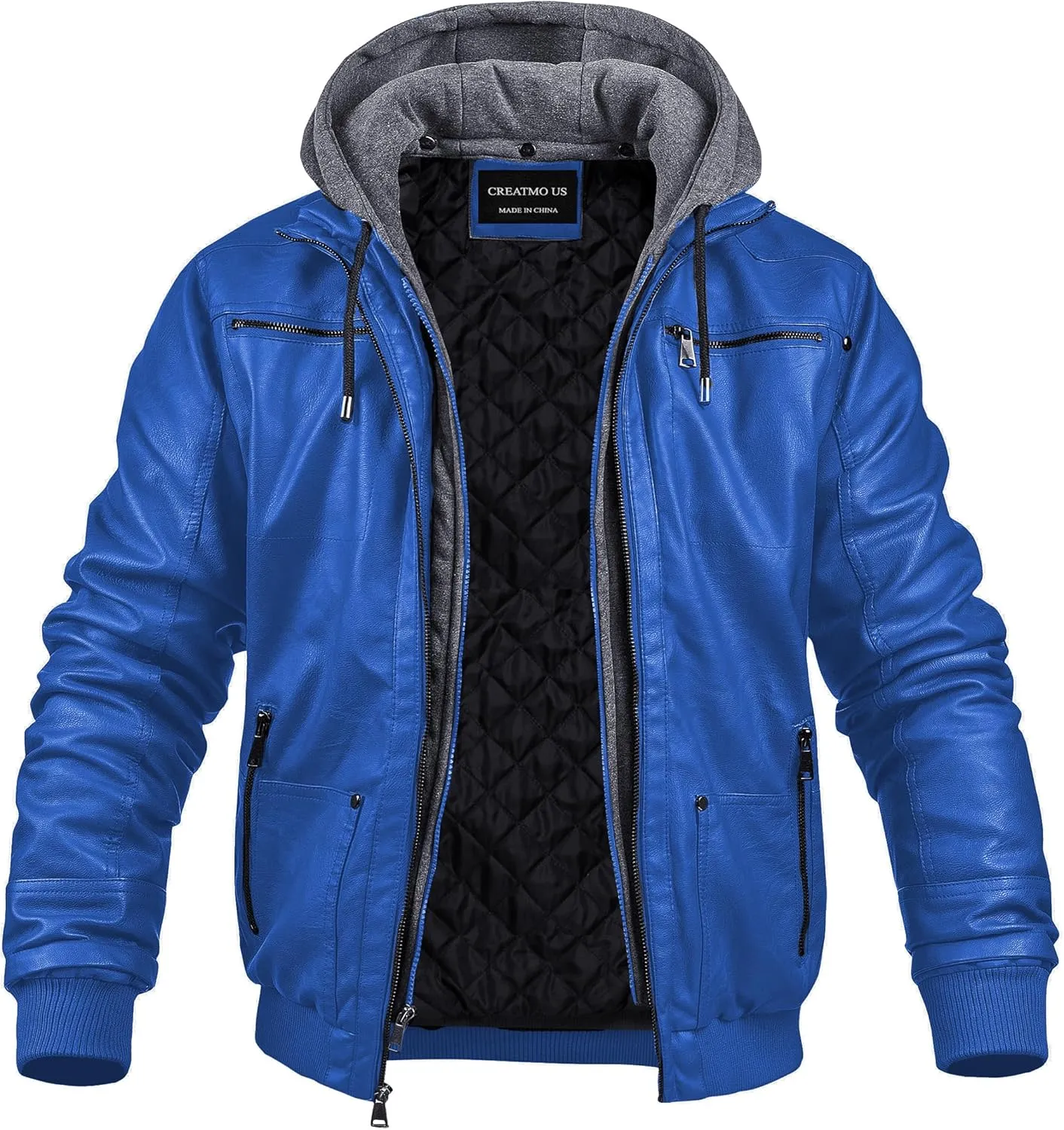 CREATMO US Men's Faux Leather Jacket Motorcycle Jacket Waterproof Windproof PU Moto Vintage Bomber Hoodie with Removable Hood
