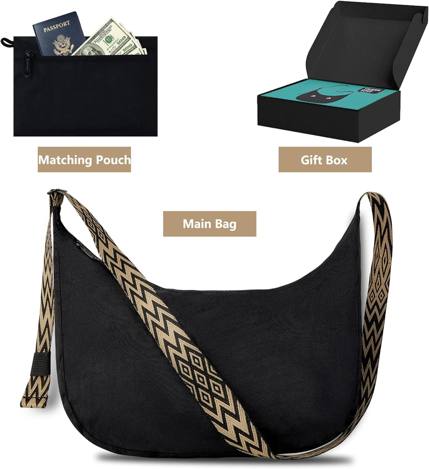 Crossbody Bags for Women, Casual Sling Crescent Bag Nylon Foldable Shoulder Handbags Ladies Purse for Travel, Sports